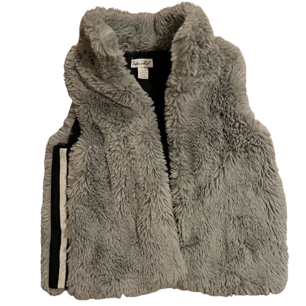 Splendid Girls Gray faux fur Vest with black and silver piping size 5 EUC